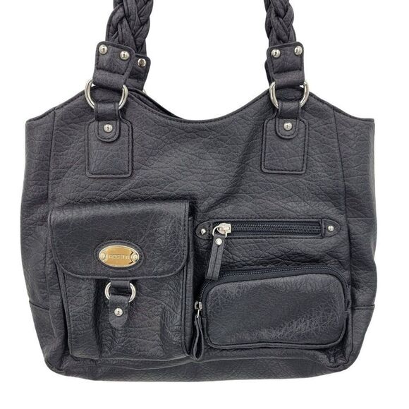 Black Braided Handle Vegan Faux Leather Shoulder Bag Multiple Compartments - Picture 2 of 13